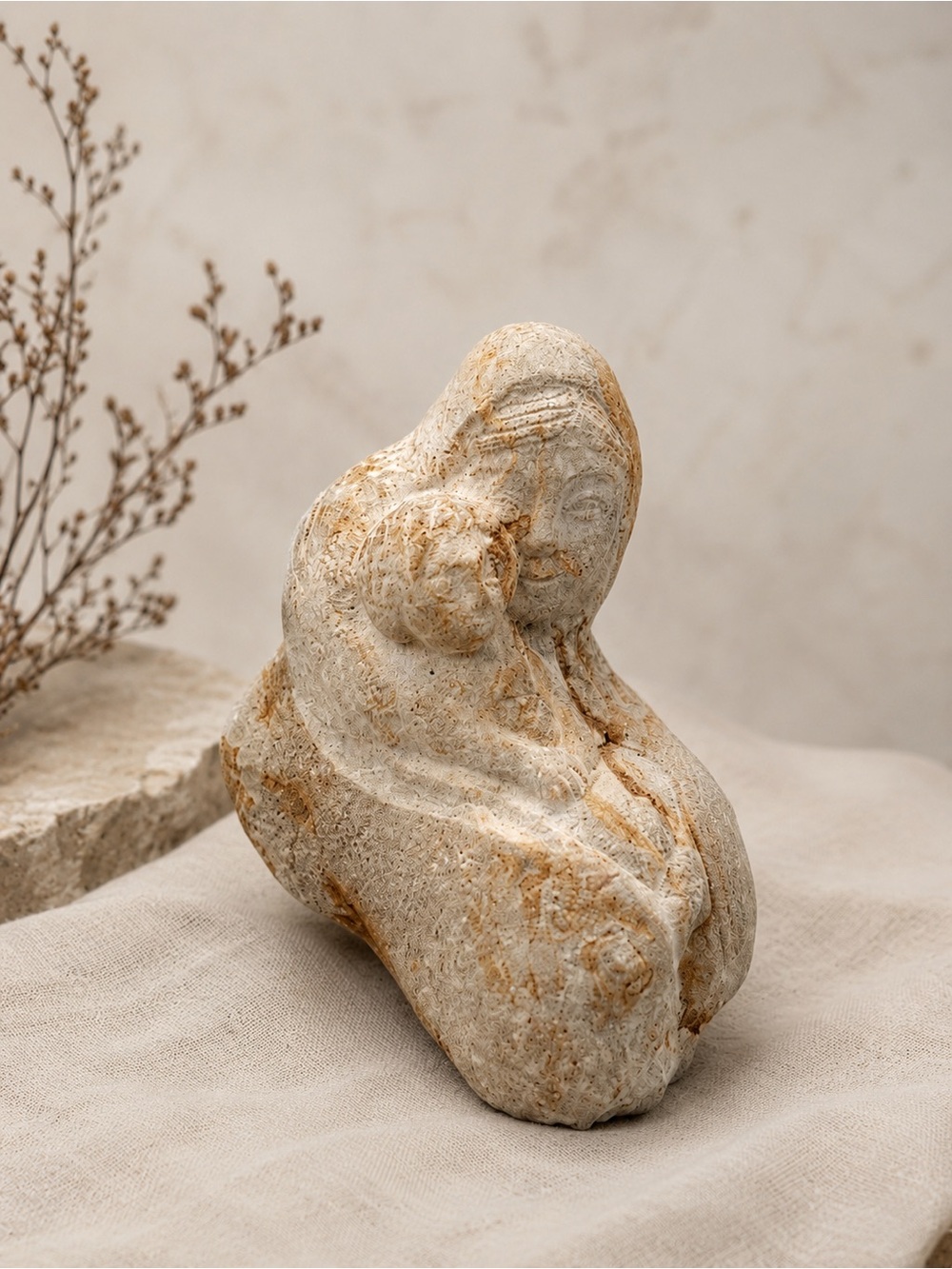Vintage Hand Carved Limestone Madonna & Child Sculpture Rustic Figurine